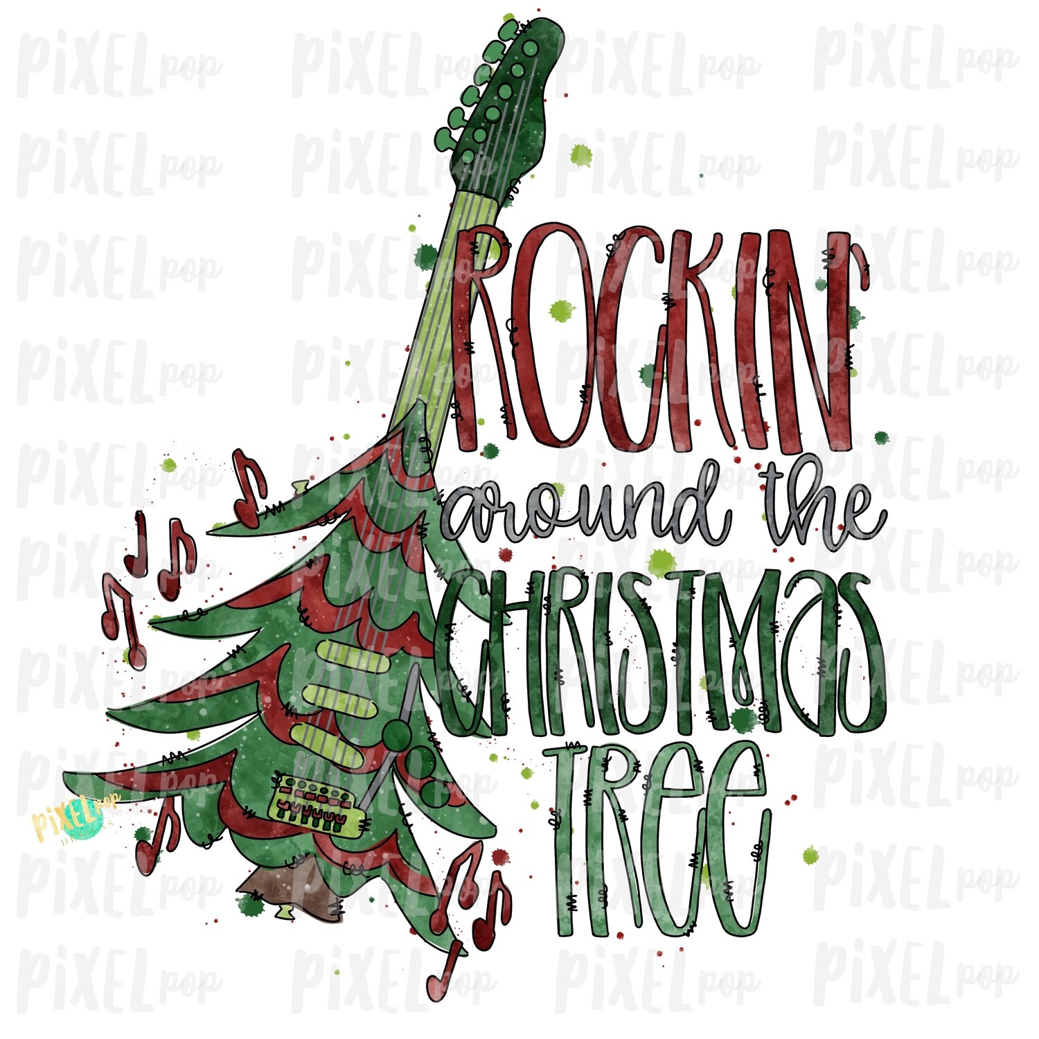 Guitar Rockin' Around the Christmas Tree Art Sublimation PNG | Hand Drawn | Sublimation | Digital Download | Printable Artwork | Art