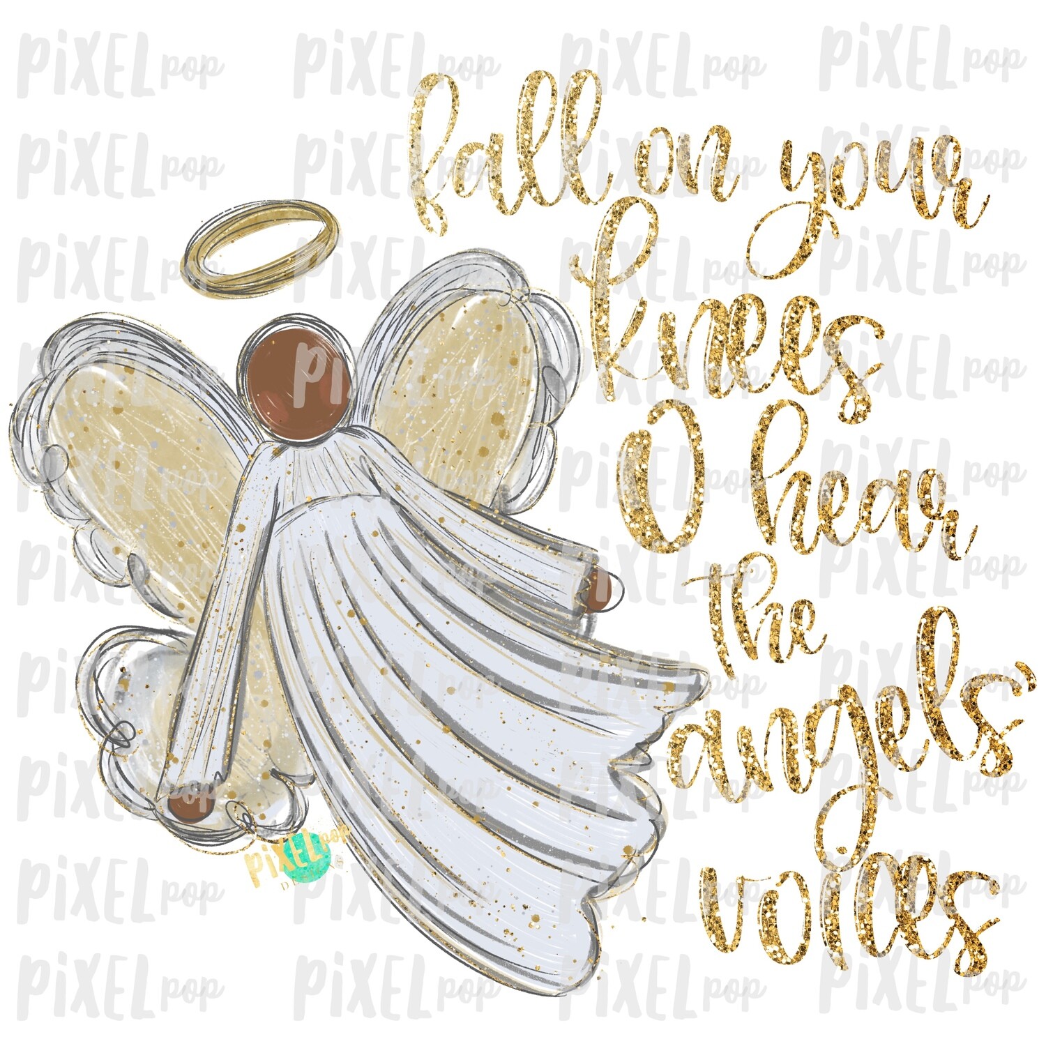 Dark Skin Angel GLITTER Fall on Your Knees Art Sublimation PNG | Ornament Design | Hand Painted | Digital Download | Printable | Christmas
