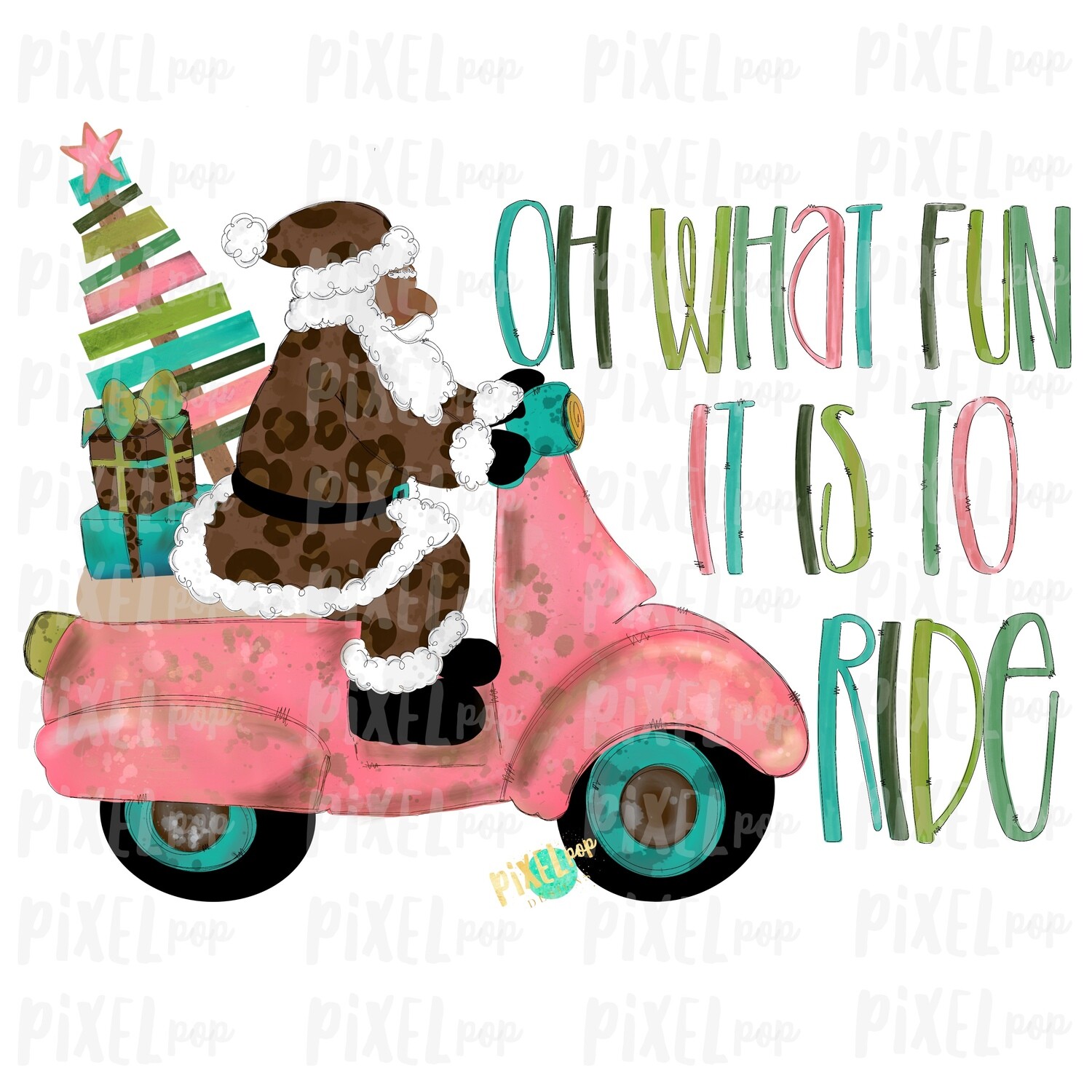 Oh What Fun it is to Ride Moped Santa Dark Leopard Sublimation PNG | Watercolor Santa | Santa Claus | Art | Sublimation PNG | Digital Art
