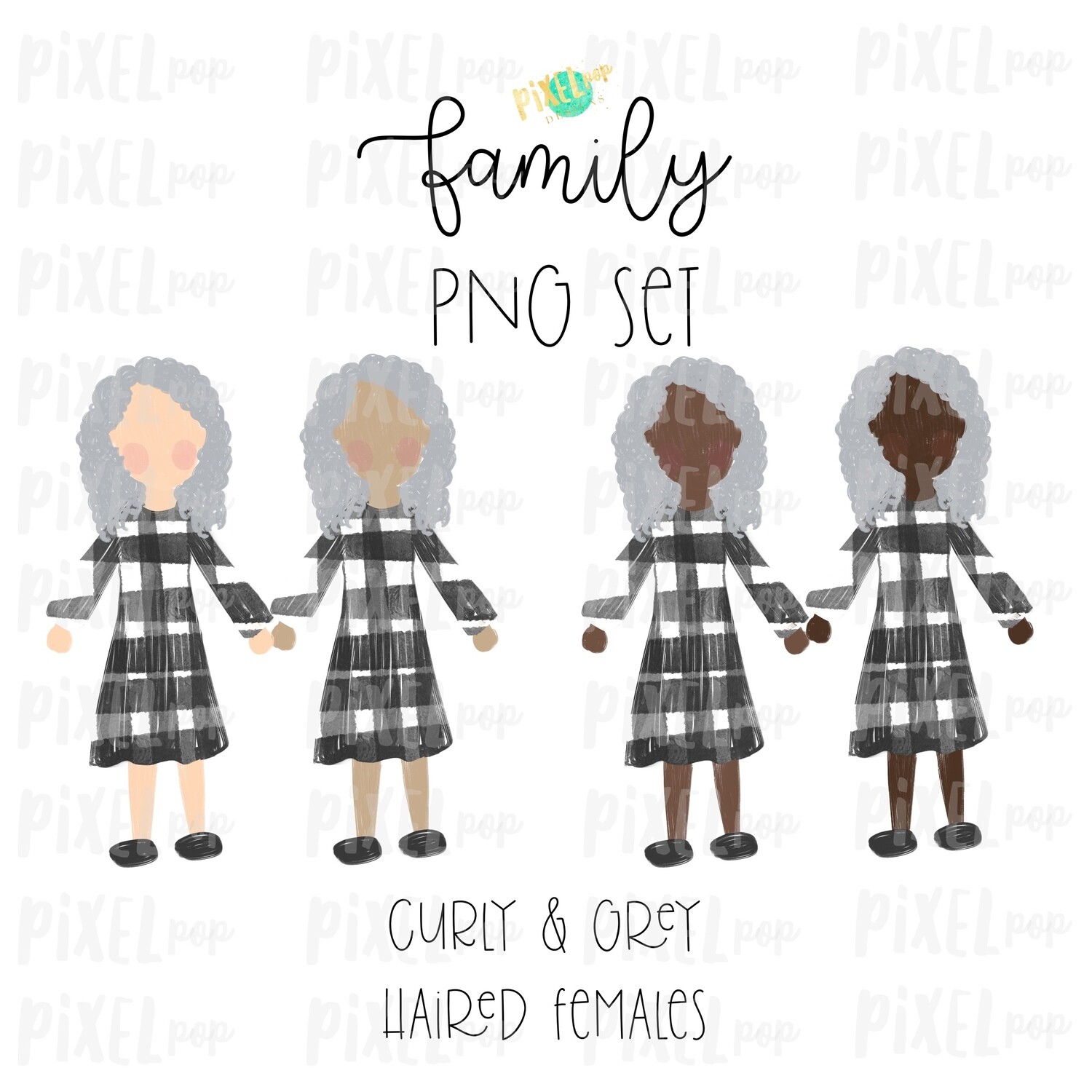 Grey Haired Females Curly (Female E) Assorted Skin Tones Stick People Figure Family Members Set PNG Sublimation | Family Ornament | Portrait