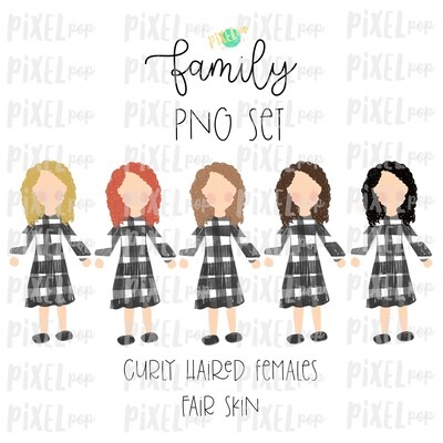 Curly Haired Females (Female E) with Fair Skin Tones Stick People Figure Family Members Set PNG Sublimation | Family Ornament | Portrait