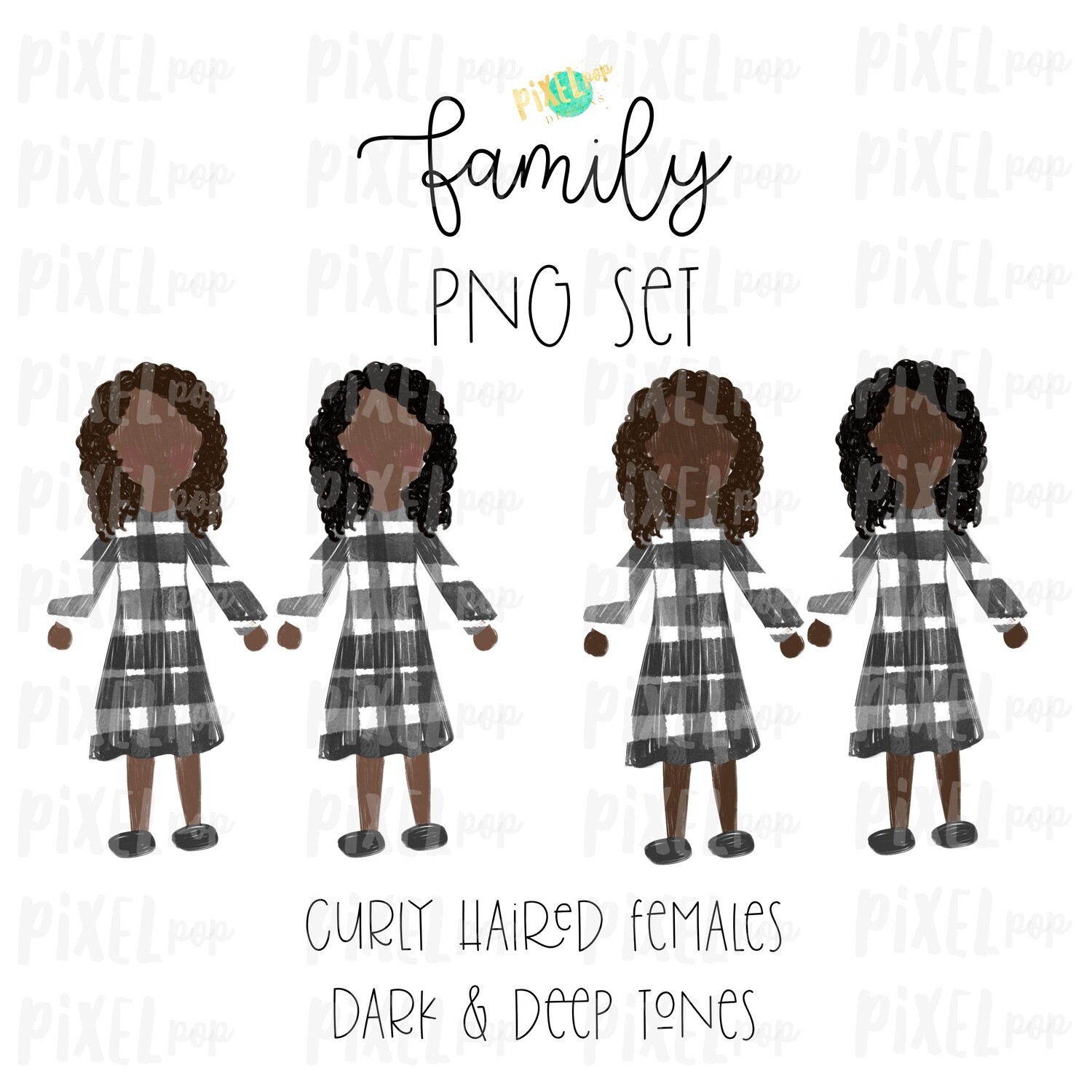 Curly Haired Females (Female E) with Dark & Deep Skin Tones Stick People Figure Family Members PNG Sublimation | Family Ornament | Portrait