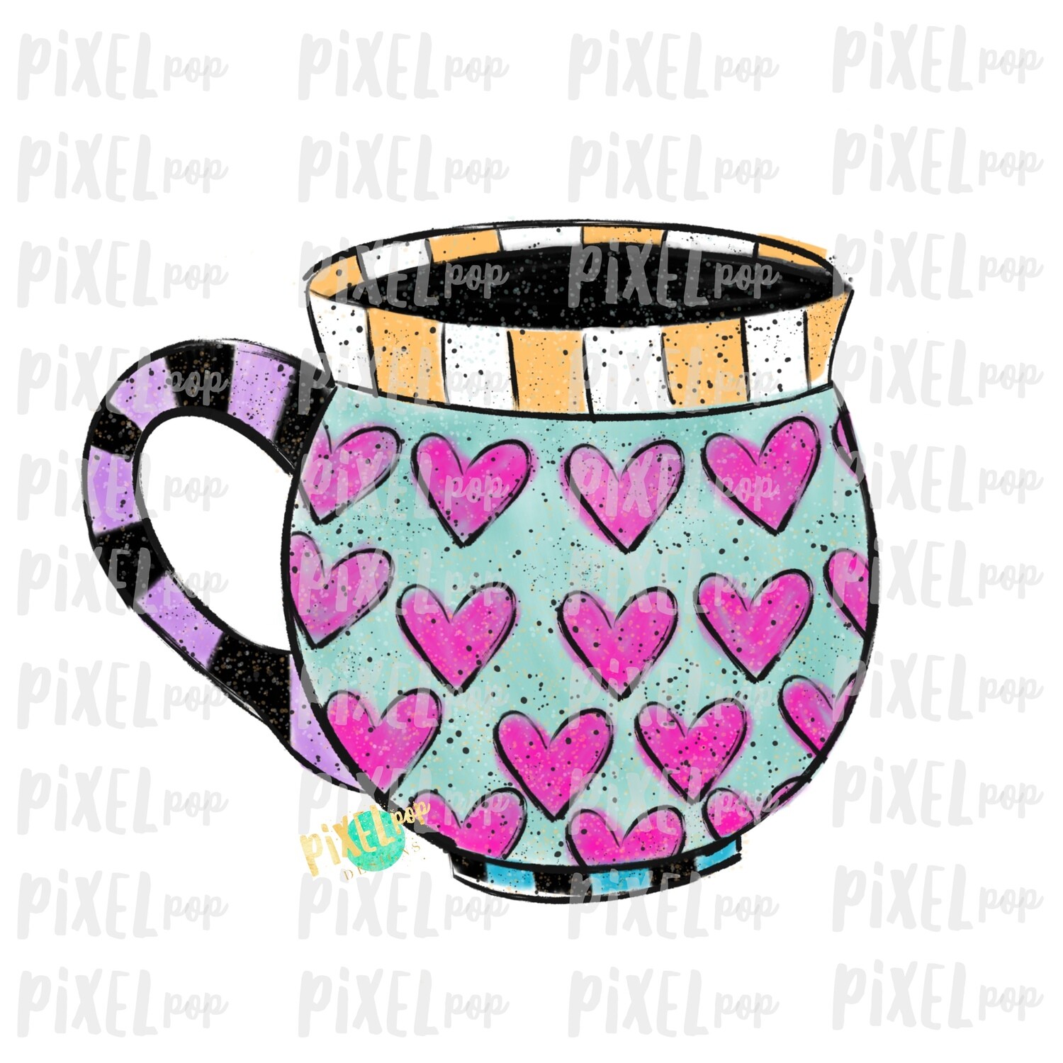Valentine Heart Pottery Mug Digital Art Sublimation PNG | Valentines Day Art | Hearts Stripes | Digital Download | Printable Art | Clip Art