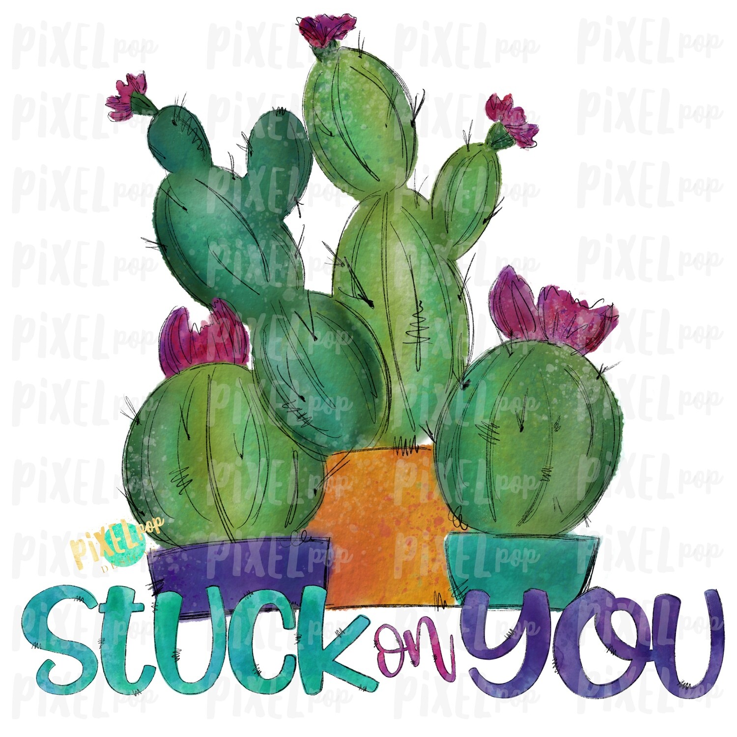Stuck on You Cactus Valentine Watercolor Sublimation PNG | Valentines Day | Printable Valentine | Digital Download | Cactus Design | Clipart