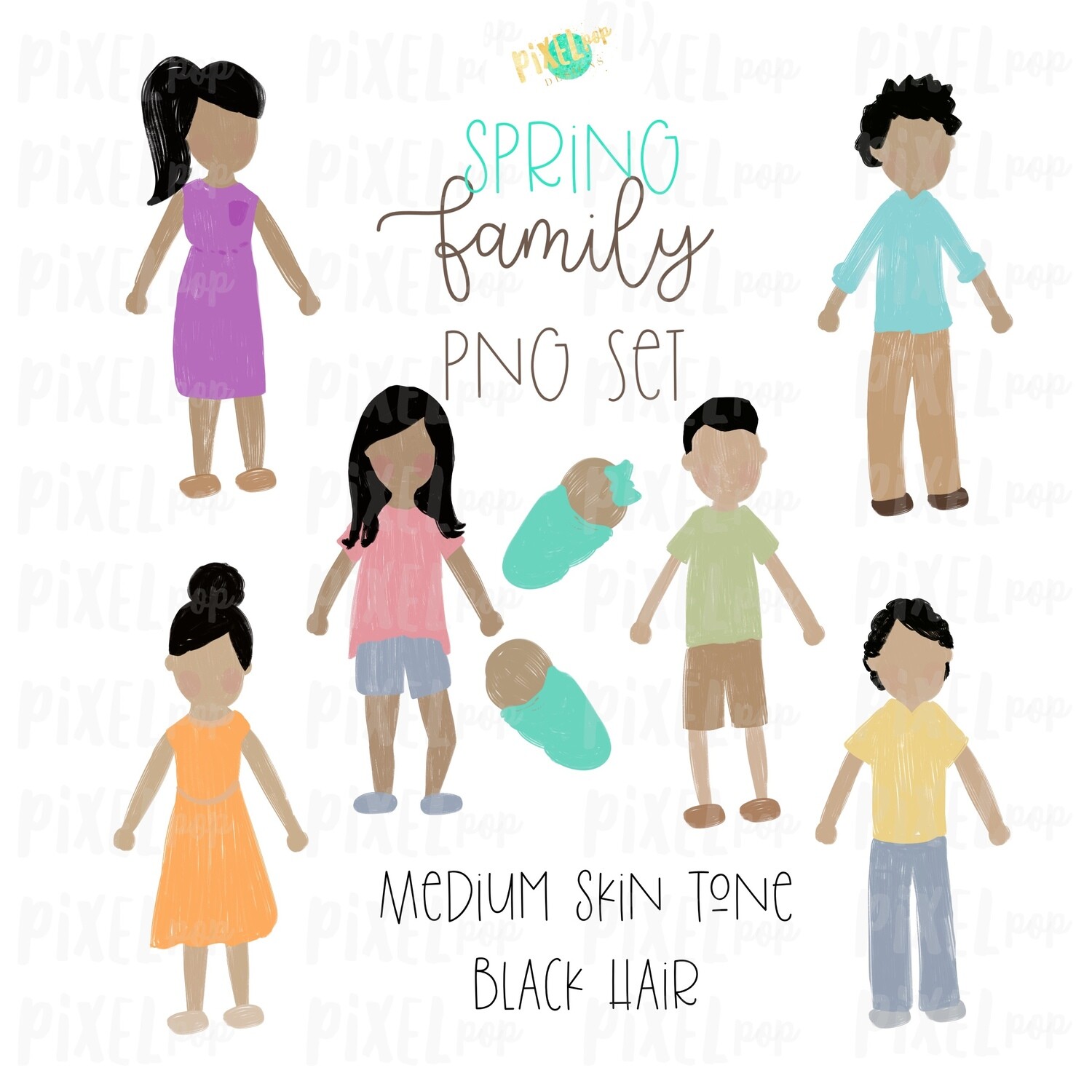 SPRING Medium Skin Black Hair Stick People Figure Family PNG Sublimation | Family Ornament | Family Portrait Images | Digital Download