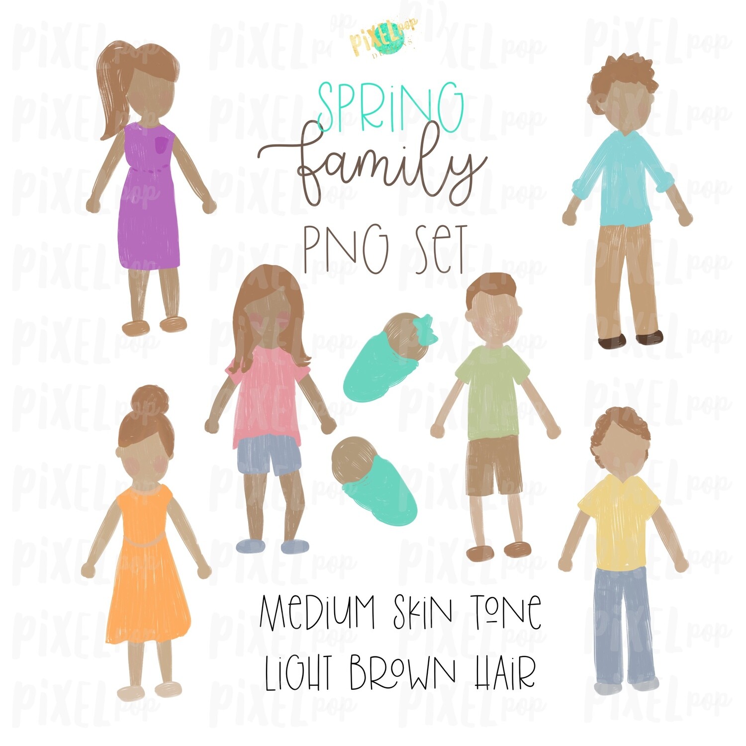 SPRING Medium Skin Light Brown Hair Stick People Figure Family PNG Sublimation | Family Ornament | Family Portrait Images | Digital Download