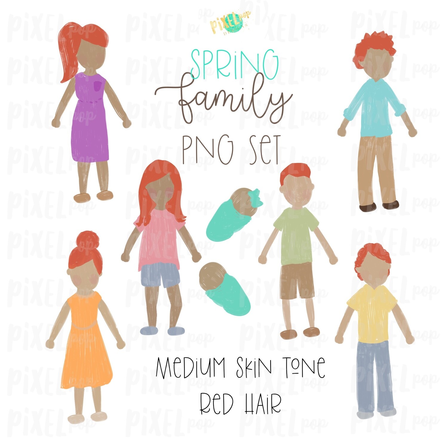 SPRING Medium Skin Red Hair Stick People Figure Family PNG Sublimation | Family Ornament | Family Portrait Images | Digital Download