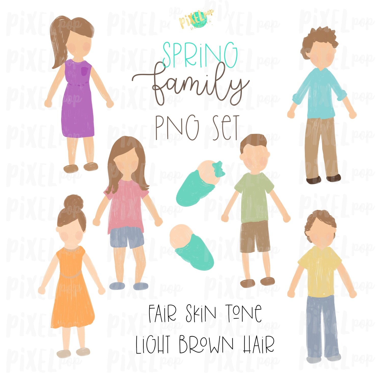 SPRING Fair Skin Light Brown Hair Stick People Figure Family PNG Sublimation | Family Ornament | Family Portrait Images | Digital Download