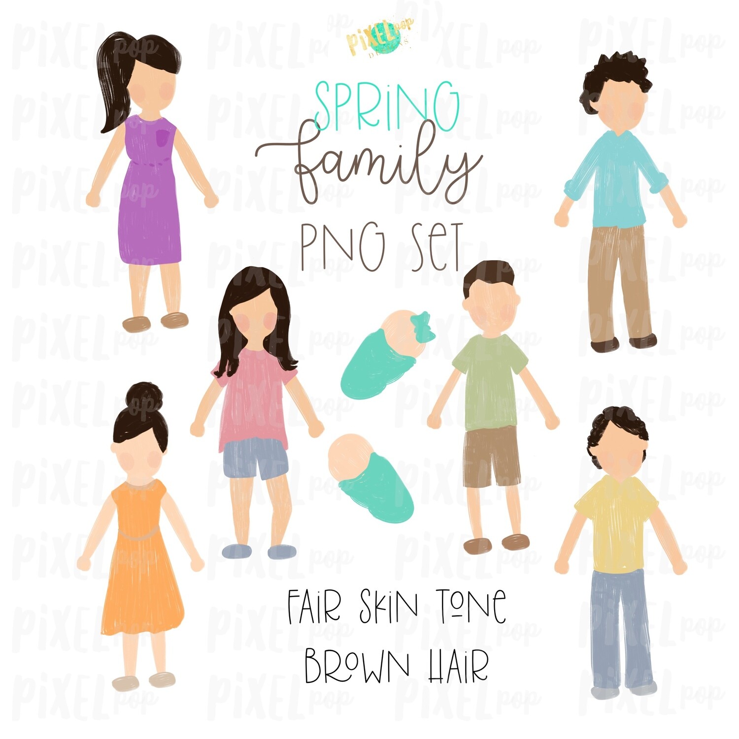 SPRING Fair Skin Brown Hair Stick People Figure Family PNG Sublimation | Family Ornament | Family Portrait Images | Digital Download