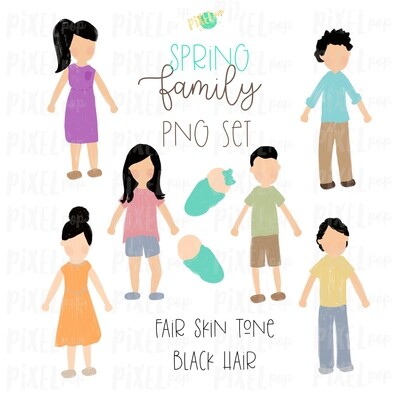 SPRING Fair Skin Black Hair Stick People Figure Family PNG Sublimation | Family Ornament | Family Portrait Images | Digital Download