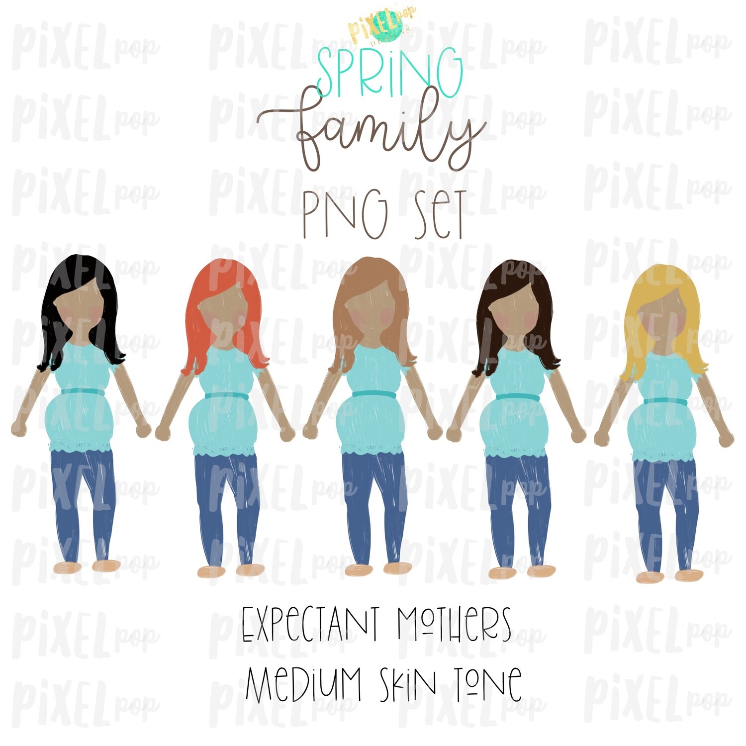 Expectant Pregnant Mothers SPRING Medium Skin Tone Stick People Figure Members PNG | Family Ornament | Family Portrait Images | Digital Art