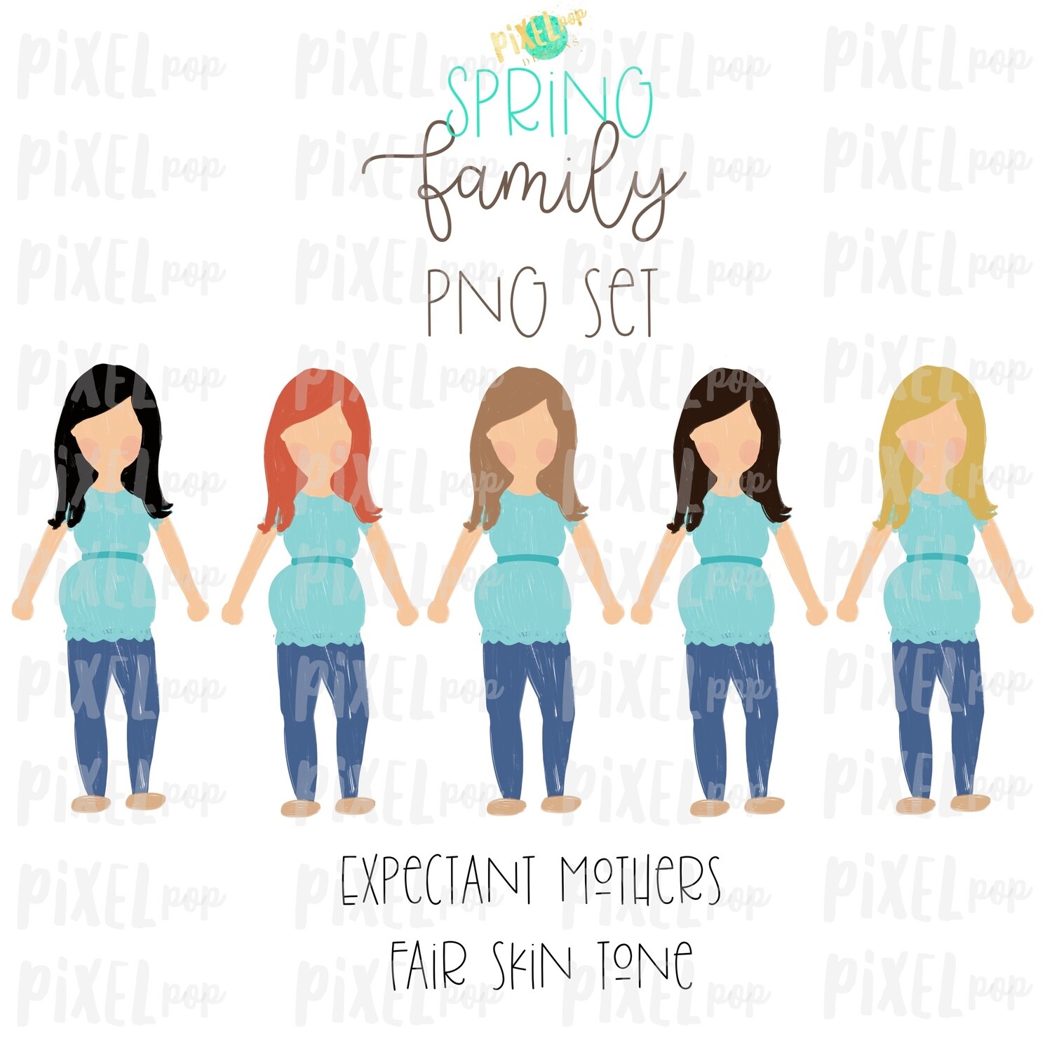 Expectant Pregnant Mothers SPRING Fair Skin Tone Stick People Figure Members PNG | Family Ornament | Family Portrait Images | Digital Art