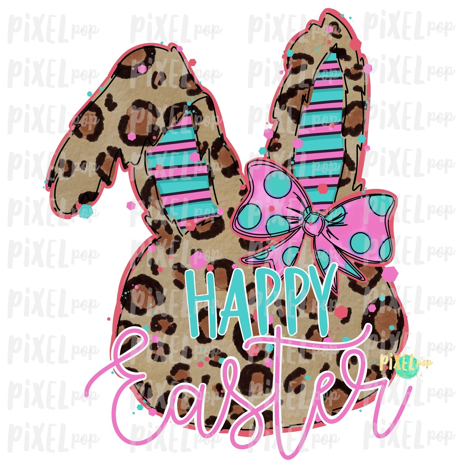 Happy Easter Leopard Bunny Rabbit Coral Pink Bow Silhouette Sublimation PNG | Easter Art | Digital Download | Printable | Digital Art