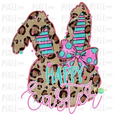 Happy Easter Leopard Bunny Rabbit Coral Pink Bow Silhouette Sublimation PNG | Easter Art | Digital Download | Printable | Digital Art