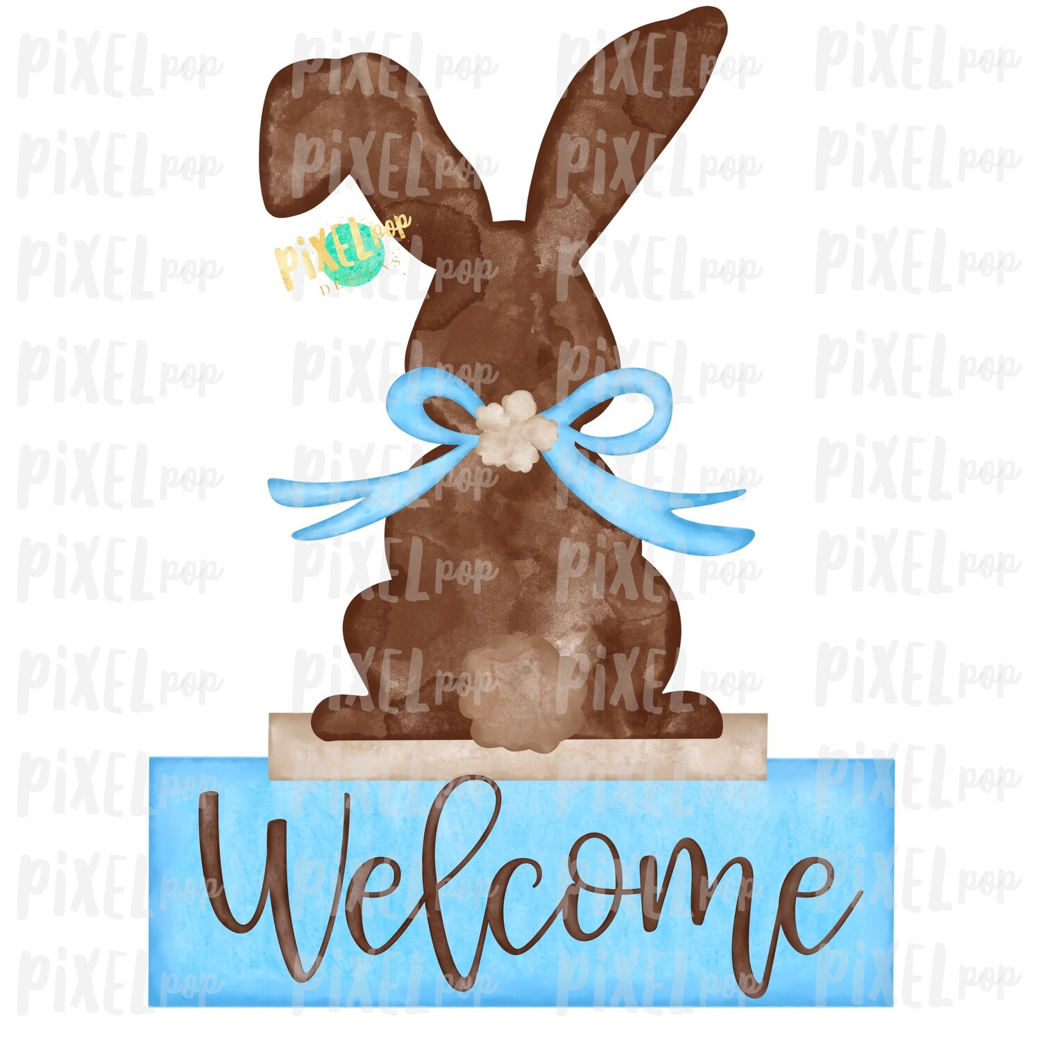 Bunny Back View Watercolor Blue Welcome Sublimation Design PNG | Easter Flag Design | Bunny Design | Easter PNG | Watercolor Art