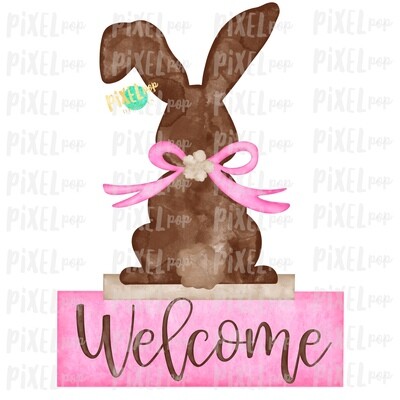 Bunny Back View Watercolor Pink Welcome Sublimation Design PNG | Easter Flag Design | Bunny Design | Easter PNG | Watercolor Art