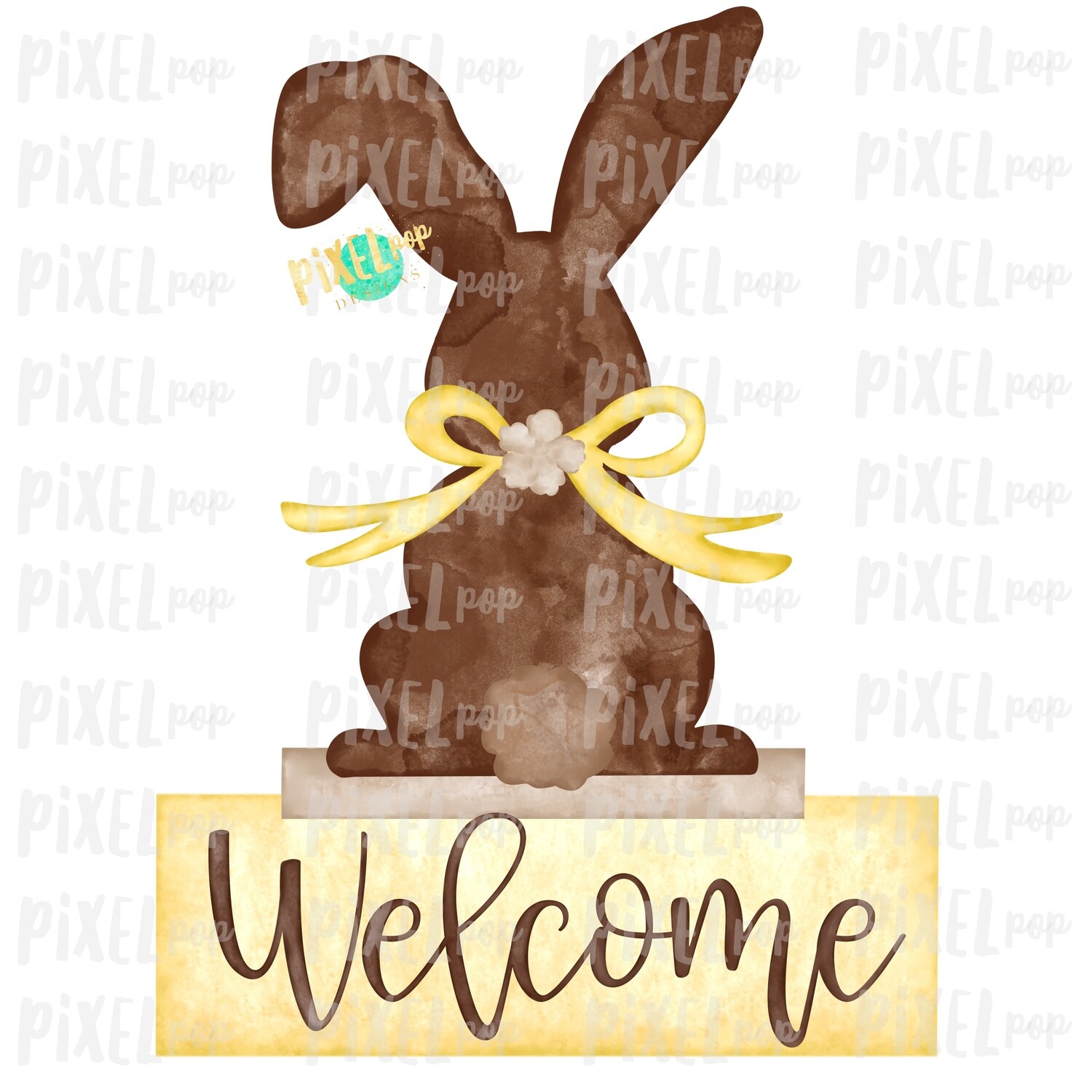 Bunny Back View Watercolor Yellow Welcome Sublimation Design PNG | Easter Flag Design | Bunny Design | Easter PNG | Watercolor Art
