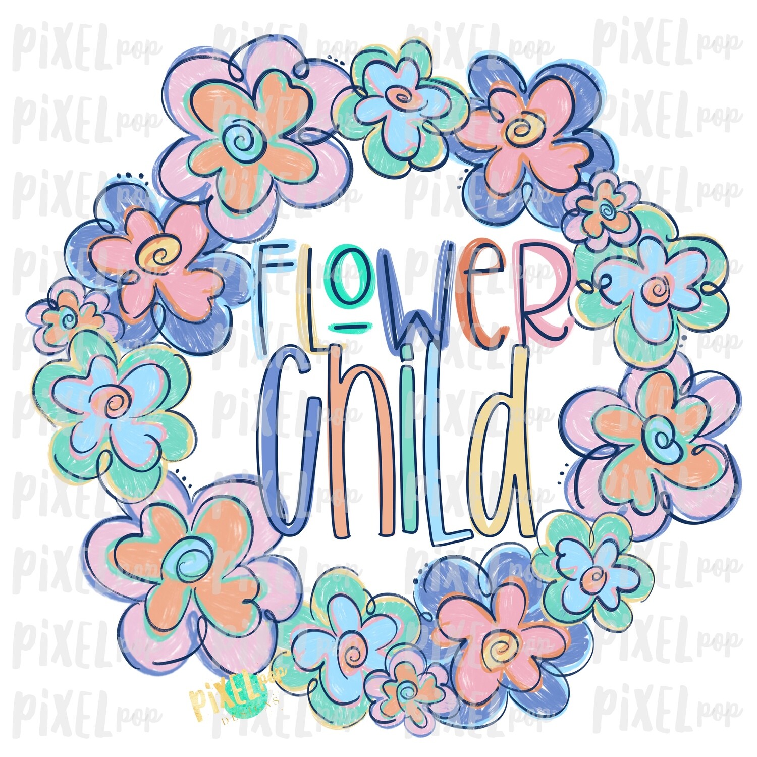 Flower Child Funky Flowers Wreath Sublimation Design PNG | Digital Painting | Spring Flowers Design | Flower Wreath | Watercolor Floral Art