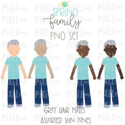 SPRING Grey Haired Males Assorted Skin Tones Stick People Figure Family Members Set PNG Sublimation | Family | Portrait
