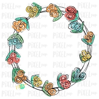 Scribble Flowers Wreath Sublimation Design PNG | Digital Painting | Spring Flowers Design | Flower Wreath | Watercolor Floral Art