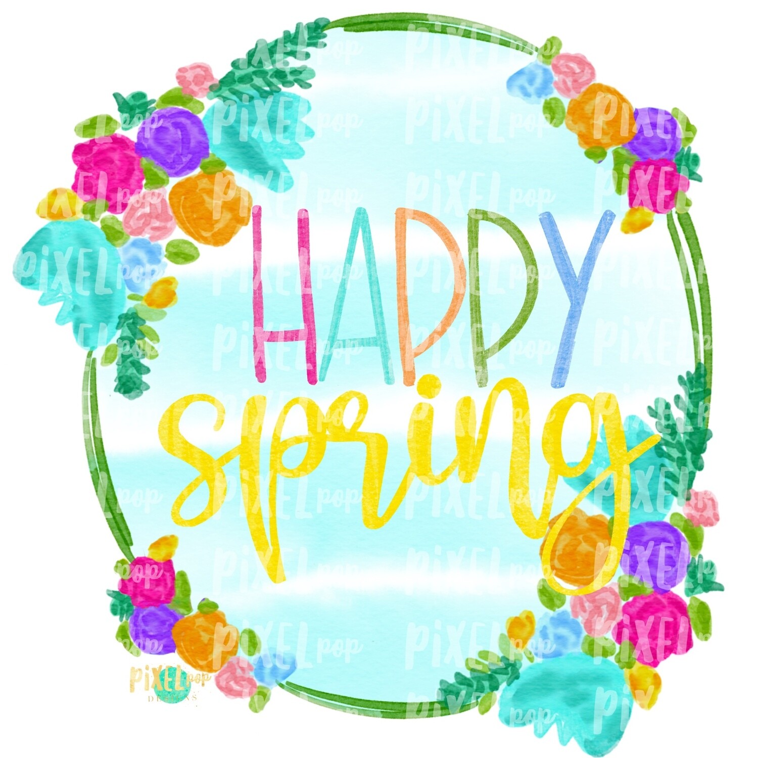 Happy Spring Watercolor Floral Striped Wreath Sublimation PNG | Digital Painting | Spring Flowers | Flower Wreath | Watercolor Floral Art