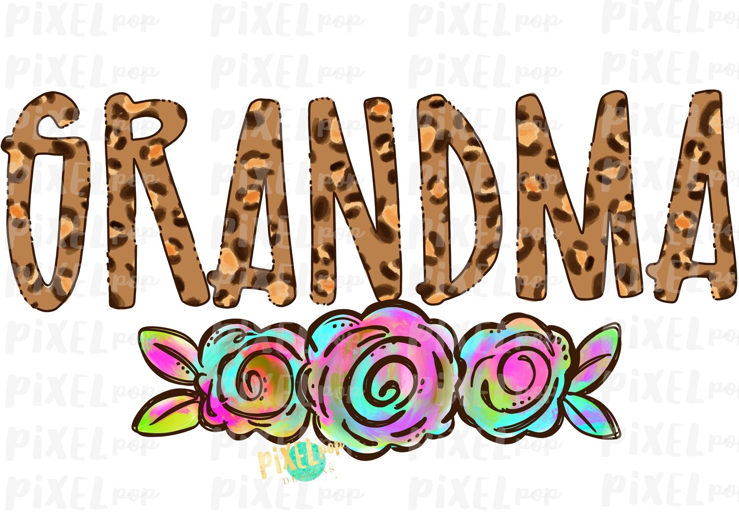 Grandma Leopard Print Rainbow Flowers PNG | Mother's Day Sublimation Design | Hand Painted PNG | Digital Art | Printable Art | Clip Art