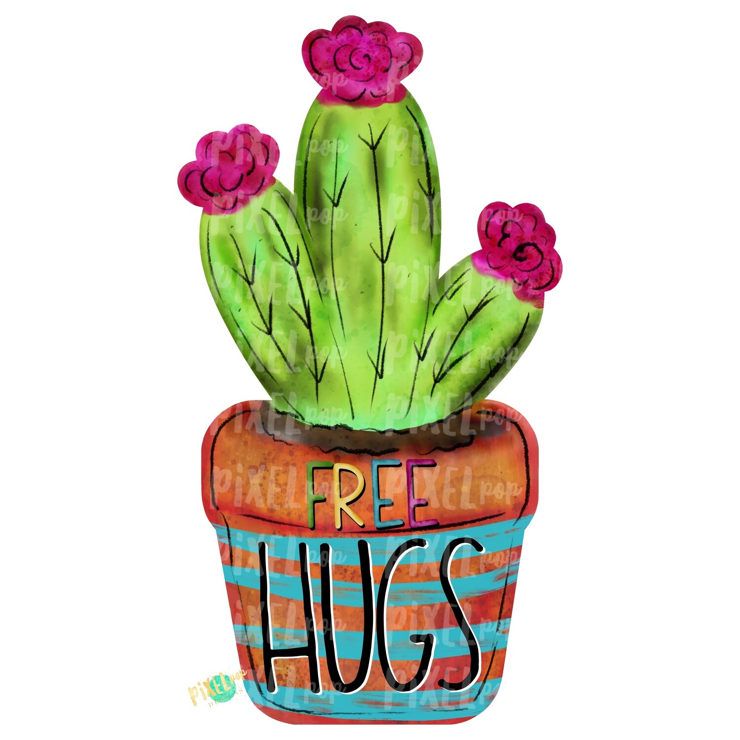 Free Hugs Cactus Watercolor PNG | Sublimation | Print and Press | Cactus Design | Printable | Digital Download | Cactus Clip Art | Hand Painted Digital Art