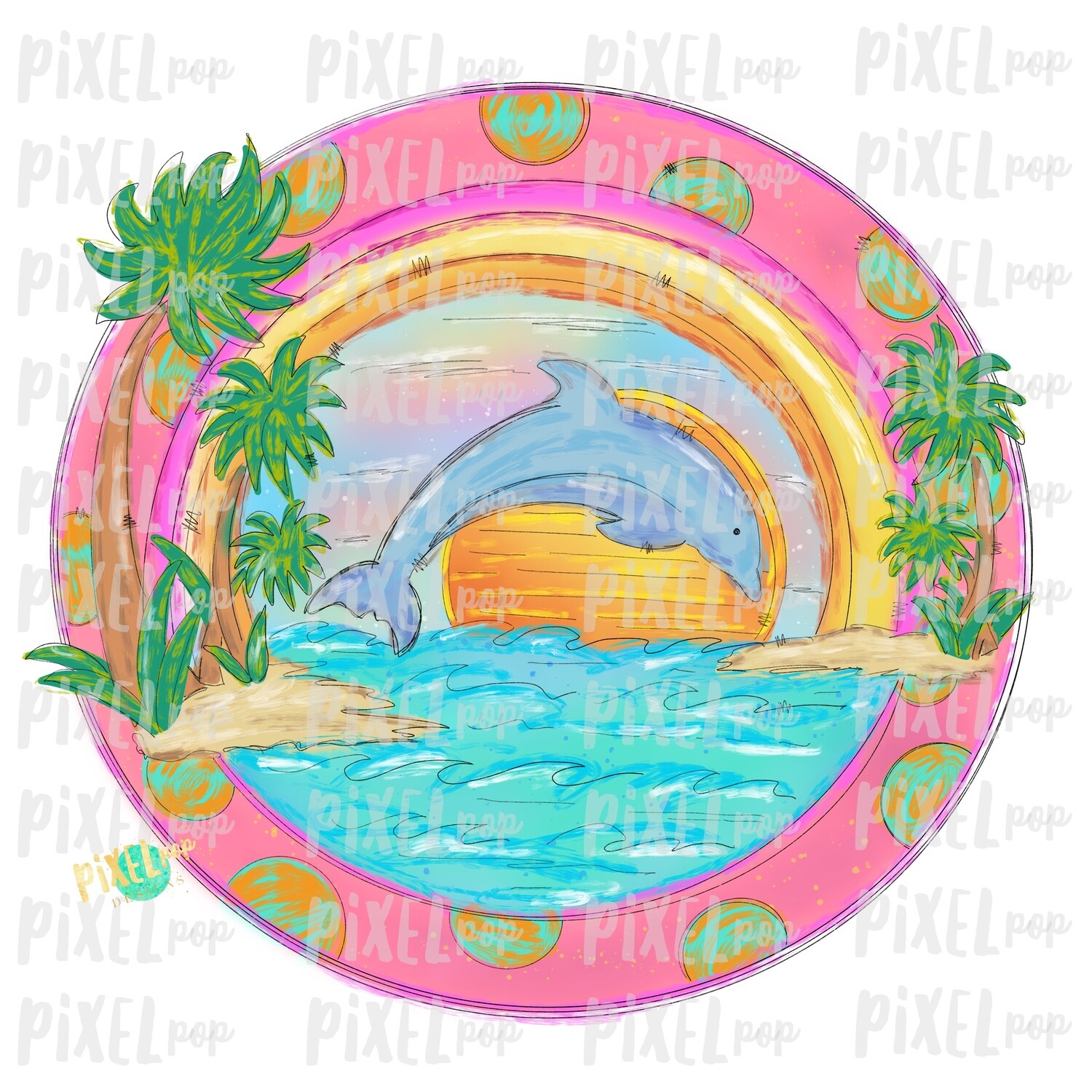 Beach Scene with Palms and Dolphin PNG | Sublimation | Palm | Hand Drawn PNG | Sublimation PNG | Digital Download | Printable Art | Clip Art
