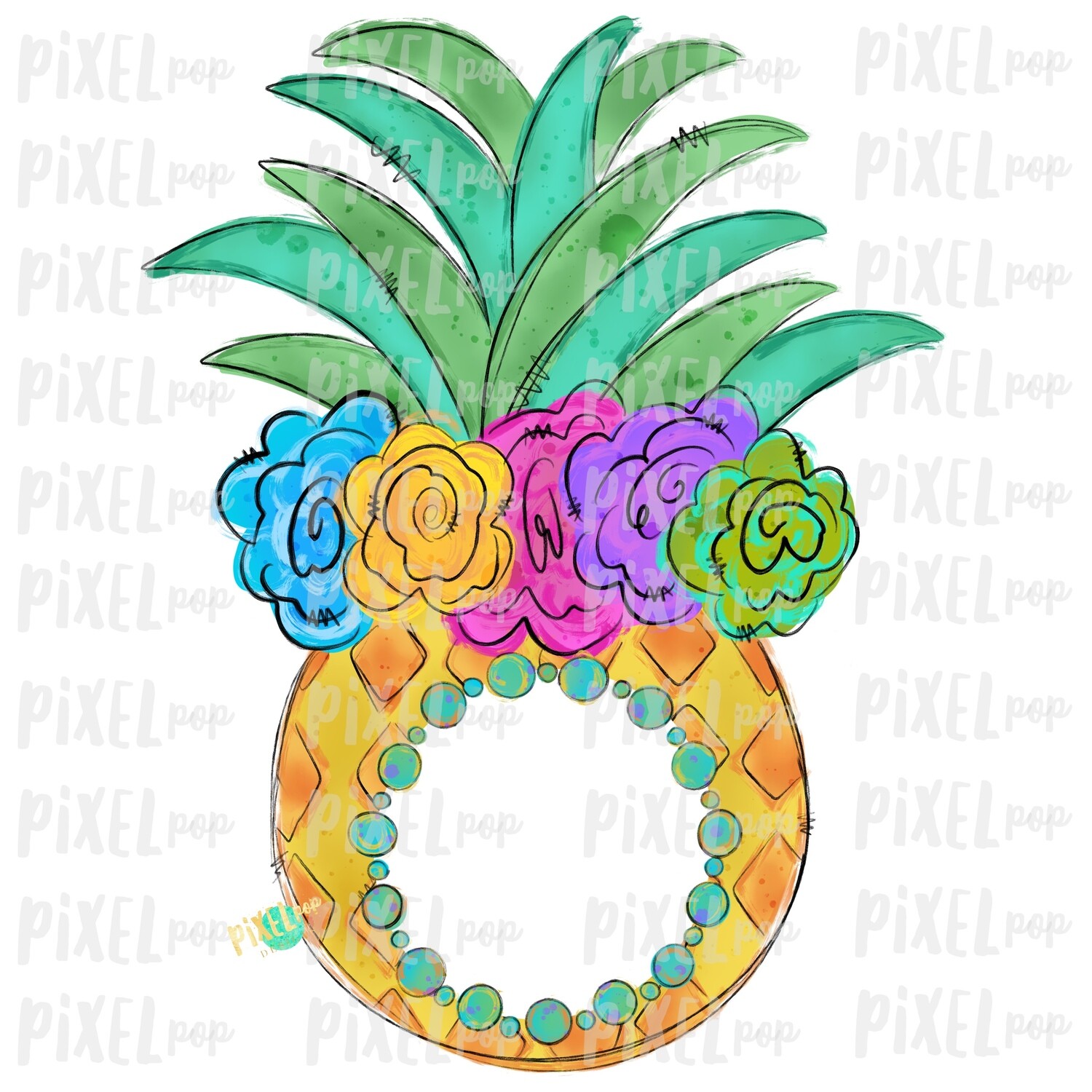 Pineapple with Flower Crown Design | Sublimation | Monogram blank | Fruit | Hand Drawn PNG | Digital Download | Printable Art | Clip Art