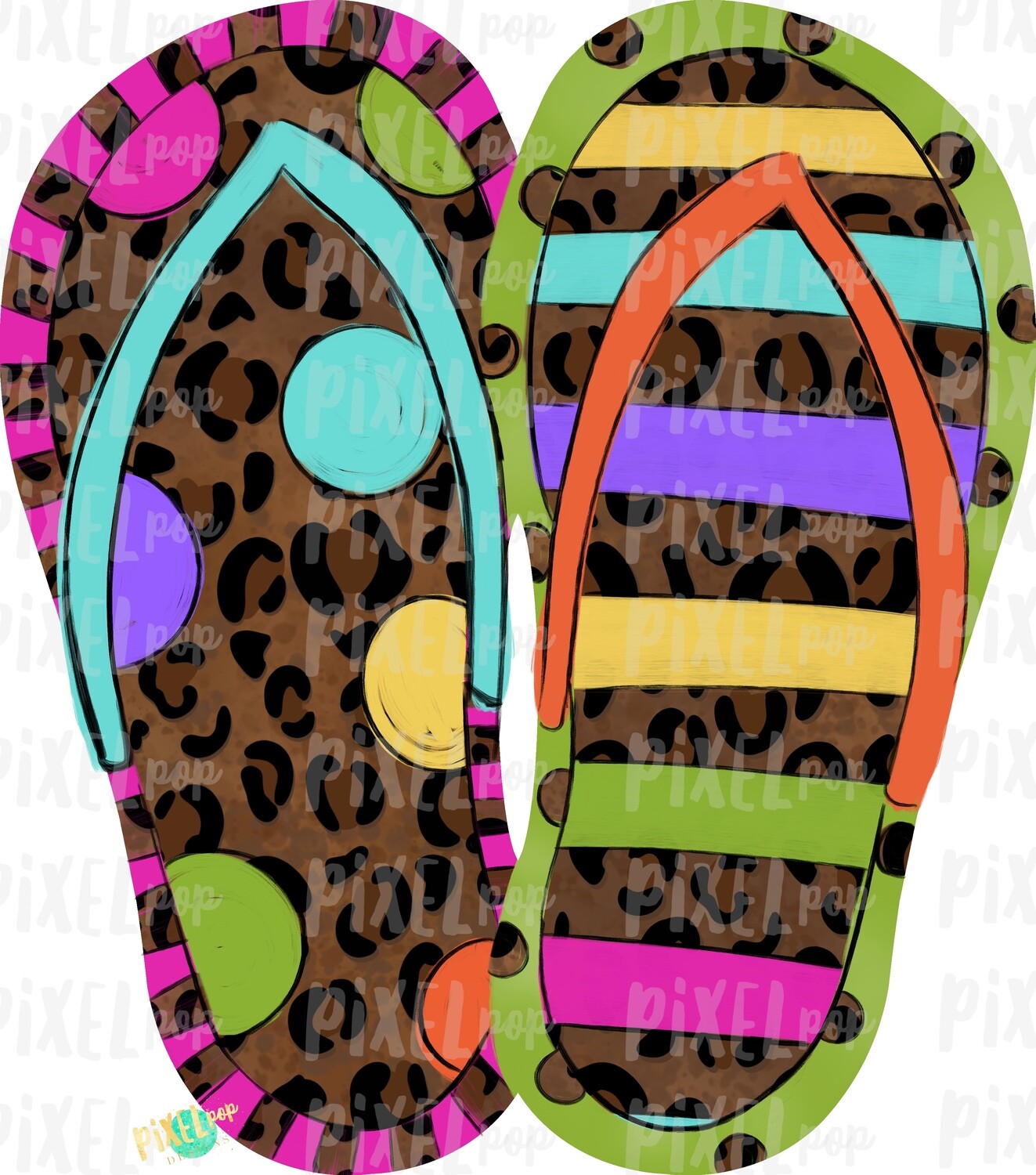 Leopard Stripe Dot Flip Flops PNG | Hand Painted Sublimation Design | Summer Design | Summer Beach Digital Art | Printable Art | Clip Art