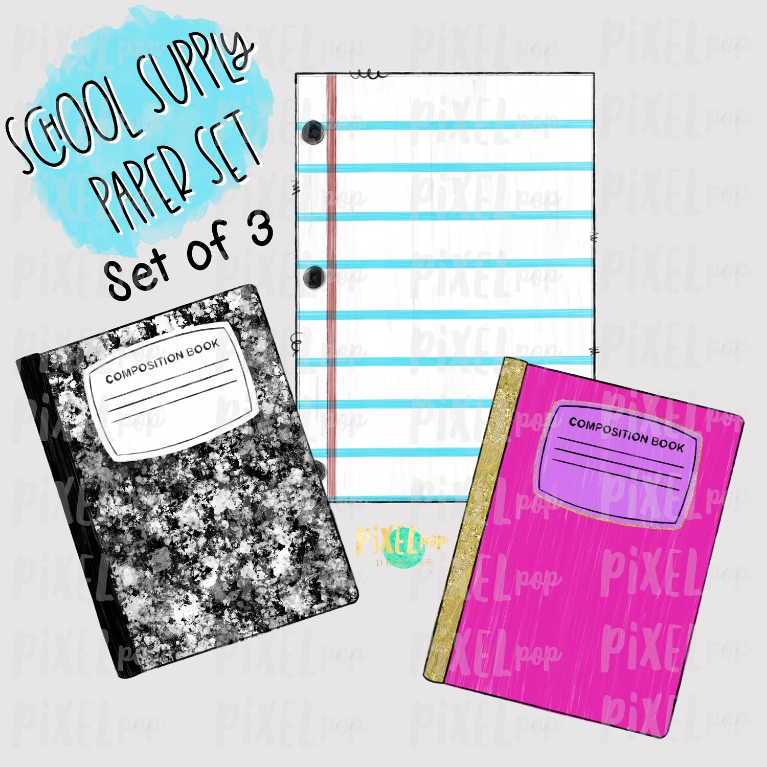Set of Three School Paper Notebooks Set PNG | Notebook Paper | School | Sublimation Design | Hand Drawn | Digital Download | Printable Art