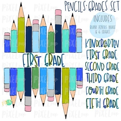 Stacked Pencils with Grades Set Blue | School Design | Sublimation | Digital Art | Hand Painted | Digital Download | Printable Artwork | Art