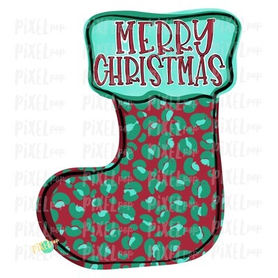 Leopard Print Red Mint Green Stocking Merry Christmas PNG | Sublimation Design | Snowman Clip Art Design | Printable | Digital Download | Hand Painted Digital Art