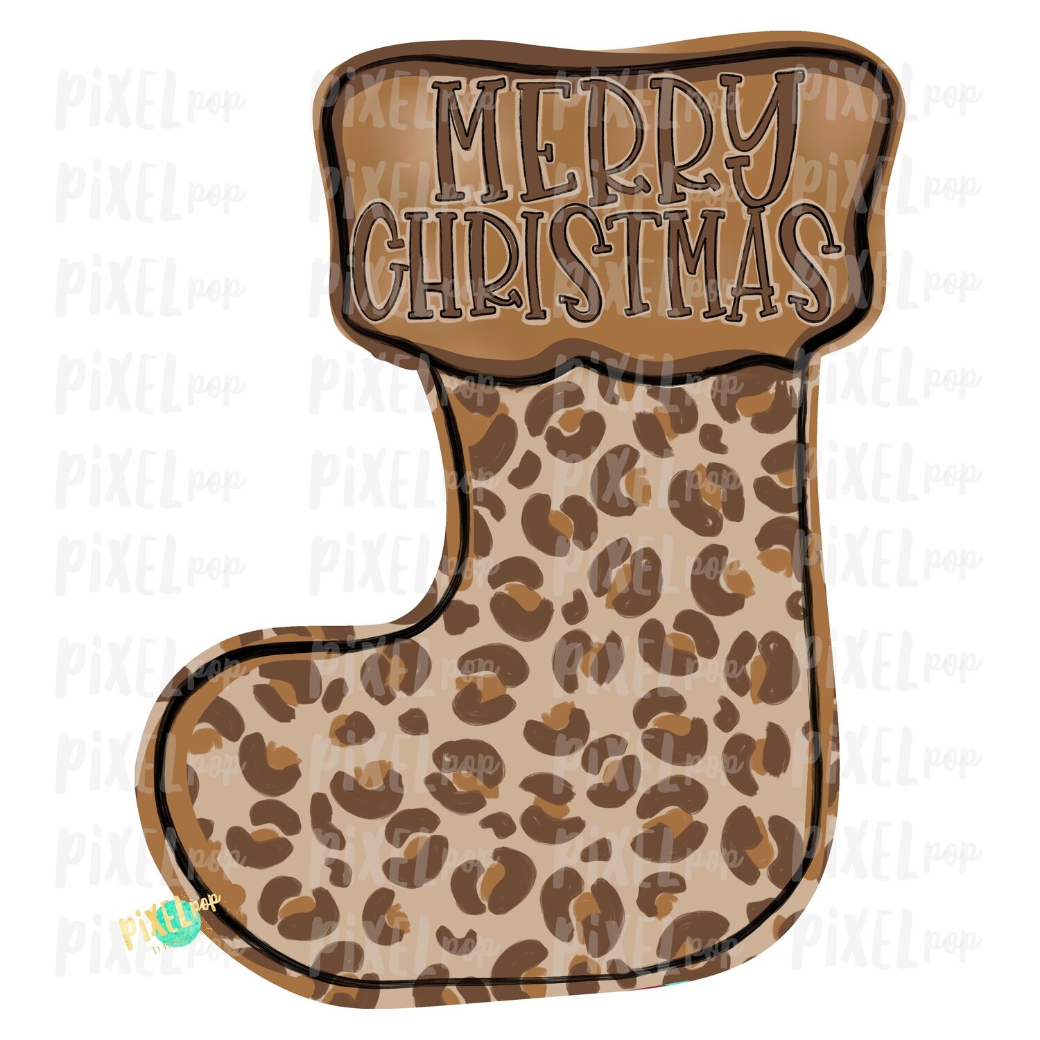 Leopard Print Cream Stocking Merry Christmas PNG | Sublimation Design | Snowman Clip Art Design | Printable | Digital Download | Hand Painted Digital Art