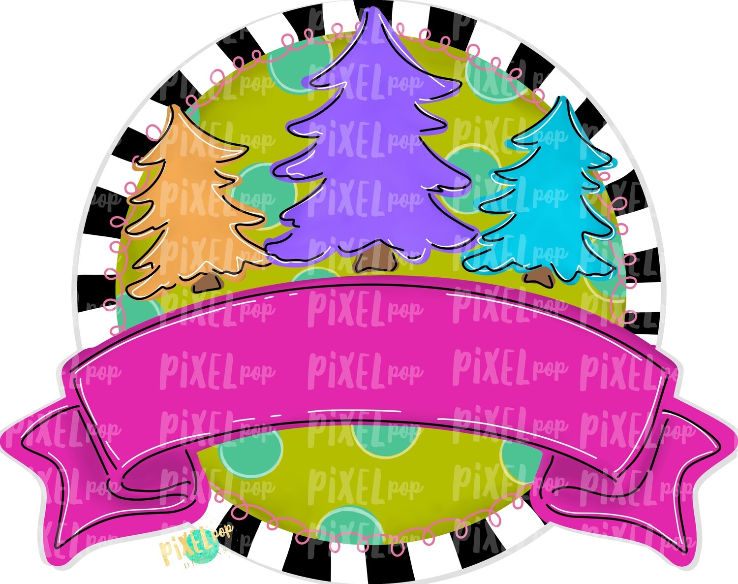 Christmas Trees Round with Blank Banner PNG | Christmas Design | Hand Painted | Sublimation PNG | Digital Download | Printable Artwork | Art