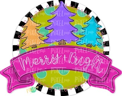 Merry and Bright Christmas Trees Round with Banner PNG | Christmas Design | Sublimation PNG | Digital Download | Printable Artwork | Art