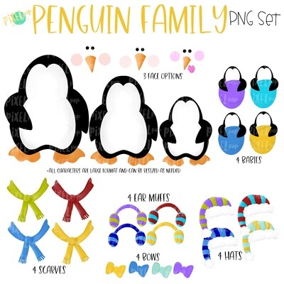 Penguin Family PNG Set with Accessories | Penguin Ornament Images | Christmas PNG | Penguin Design | Sublimation Art |  | Printable