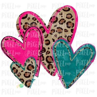 Leopard Print Hearts Pink and Turquoise Valentine PNG | Valentine Hearts | Leopard Heart | Hand Painted Art | Digital Design | Printable Art