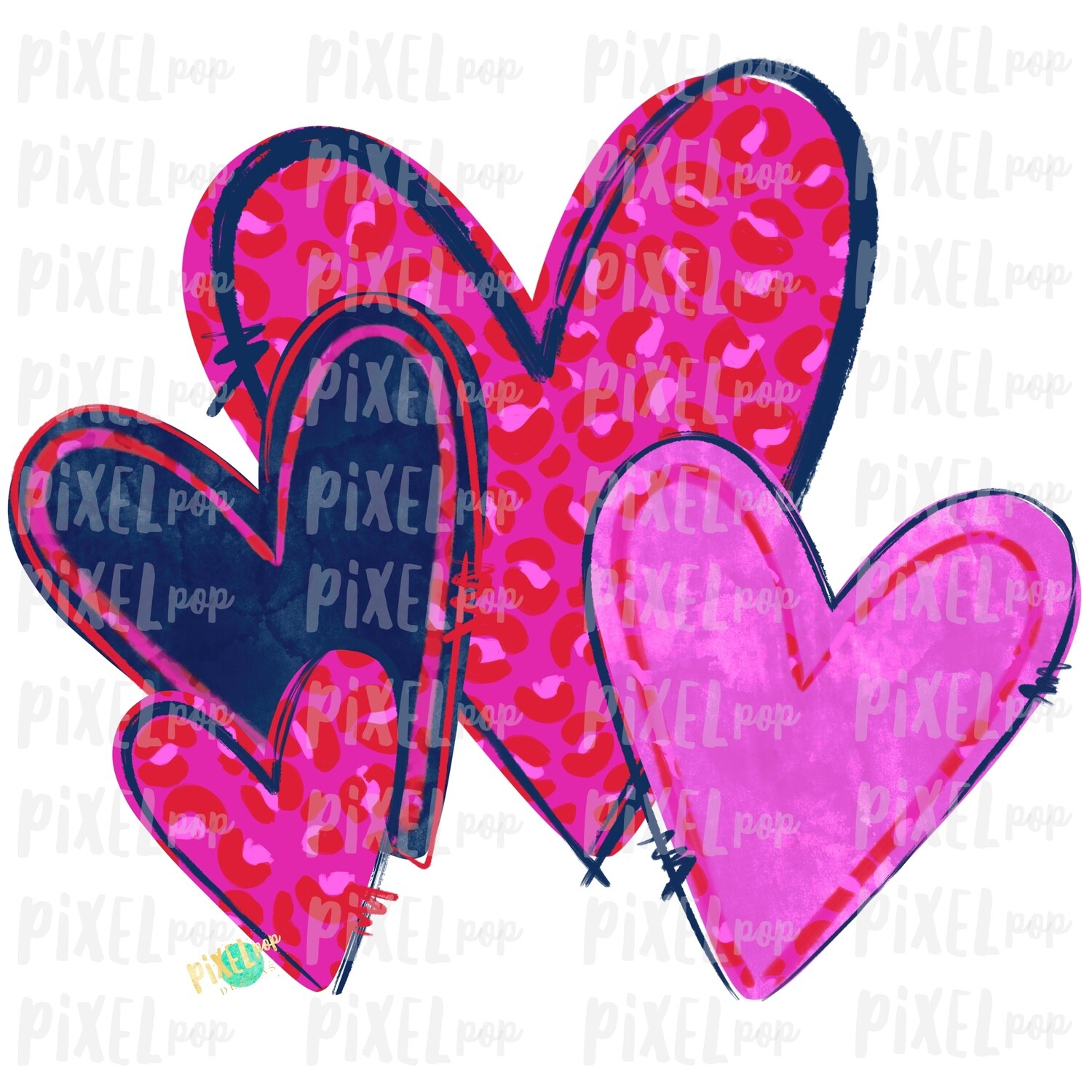 Leopard Print Hearts Pink and Navy Valentine PNG | Valentine Hearts | Leopard Heart | Hand Painted Art | Digital Design | Printable Art