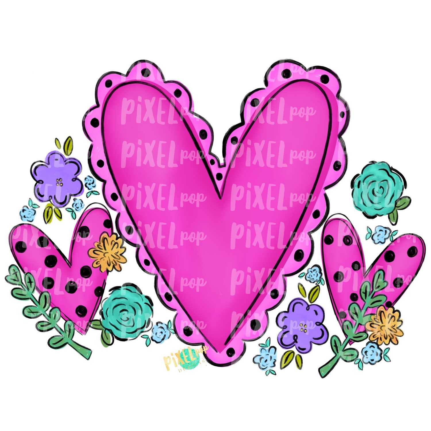 Hearts and Flowers PNG | Valentine Hearts | Valentine Art | Happy Valentine&#39;s Day | Hand Painted Digital Art | Digital Design | Printable