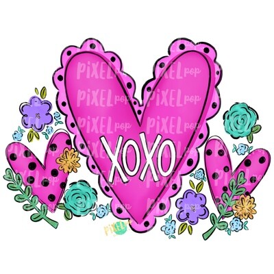 Hearts and Flowers XoXo PNG | Valentine Hearts | Valentine Art | Happy Valentine's Day | Hand Painted Digital Art | Digital Clip Art