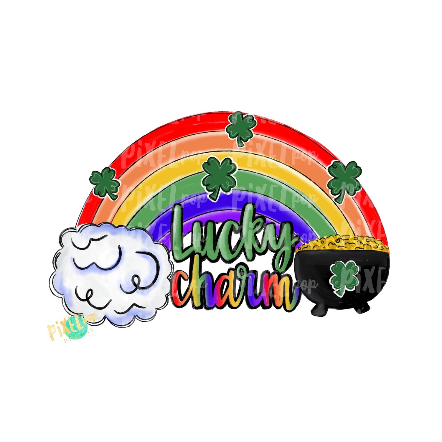 Lucky Charm Rainbow Pot of Gold PNG | St. Patrick's Day Art | Four Leaf Clover Hand Painted | Digital Download | Printable | St. Paddy's Day