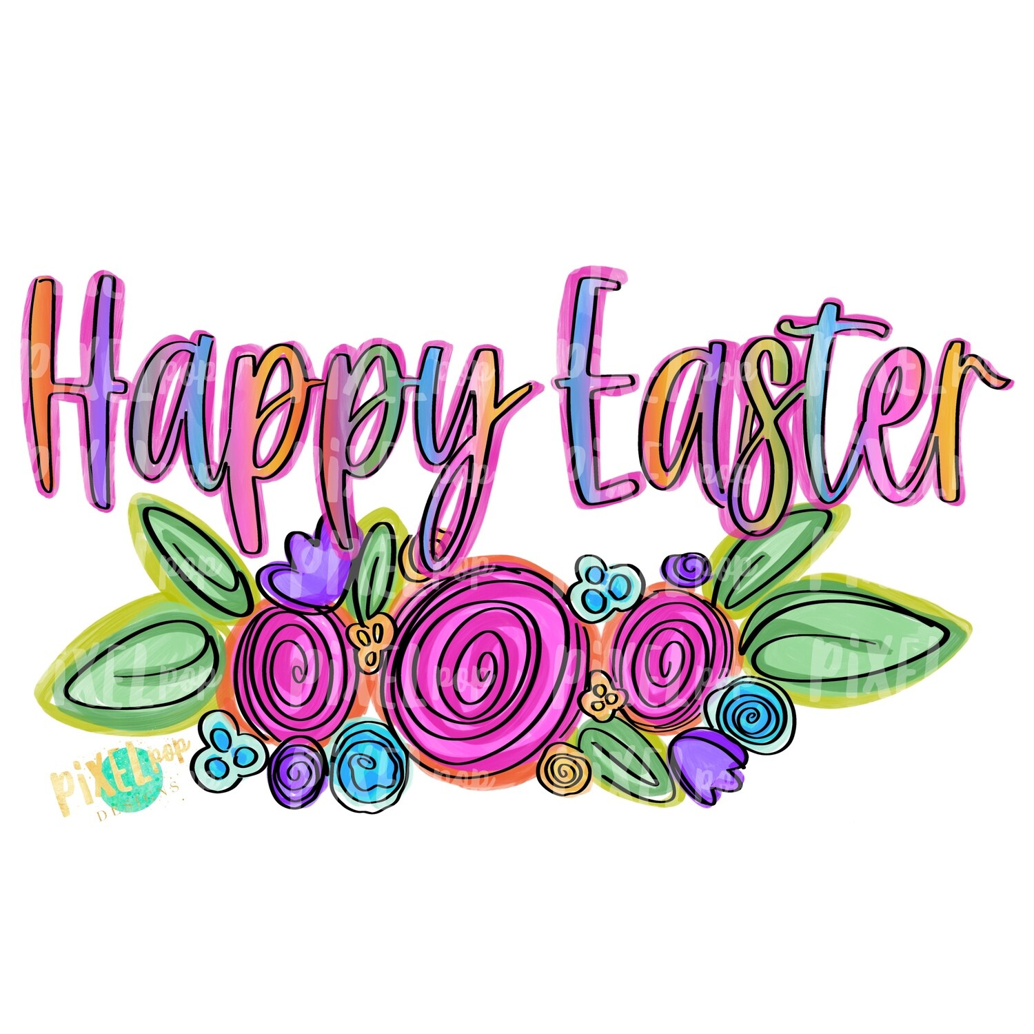 Happy Easter with Doodled Florals PNG | Easter PNG | Doodle Flowers | Easter Digital | Easter Clip Art | Holiday Art | Flower PNG | Digital
