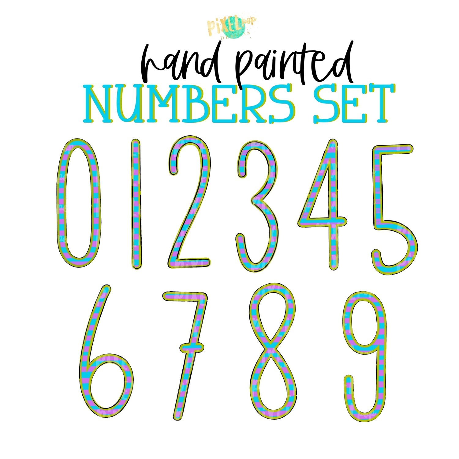 Purple Lime and Turquoise Stripe Hand Painted Numbers PNG Set of 10 | Number Set | Doodle Numbers | Print and Press Transfer Numbers Set