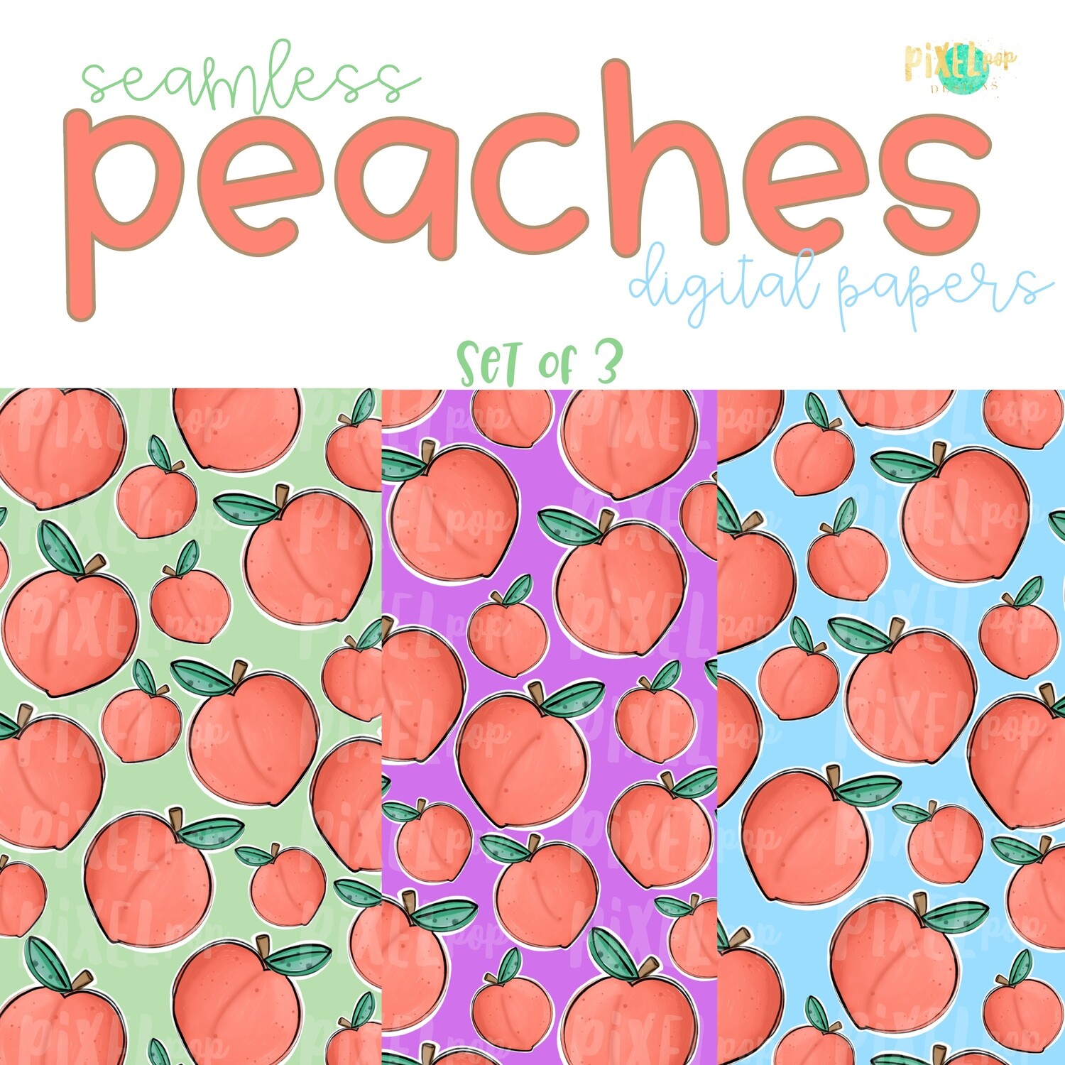 Peaches Seamless Digital Paper Set of Three PNG | Hand Painted Peaches | Sublimation PNG | Digital Download | Digital Scrapbooking Paper