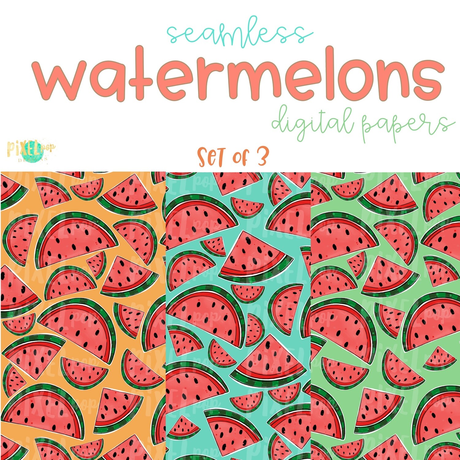Watermelon Seamless Digital Paper Set of Three PNG | Hand Painted Watermelon | Sublimation PNG | Digital Download | Digital Scrapbooking