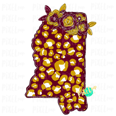 State of Mississippi Shape Maroon and Gold Leopard Flowers Sublimation | PNG Design | Heat Transfer | Digital Print | Clip Art