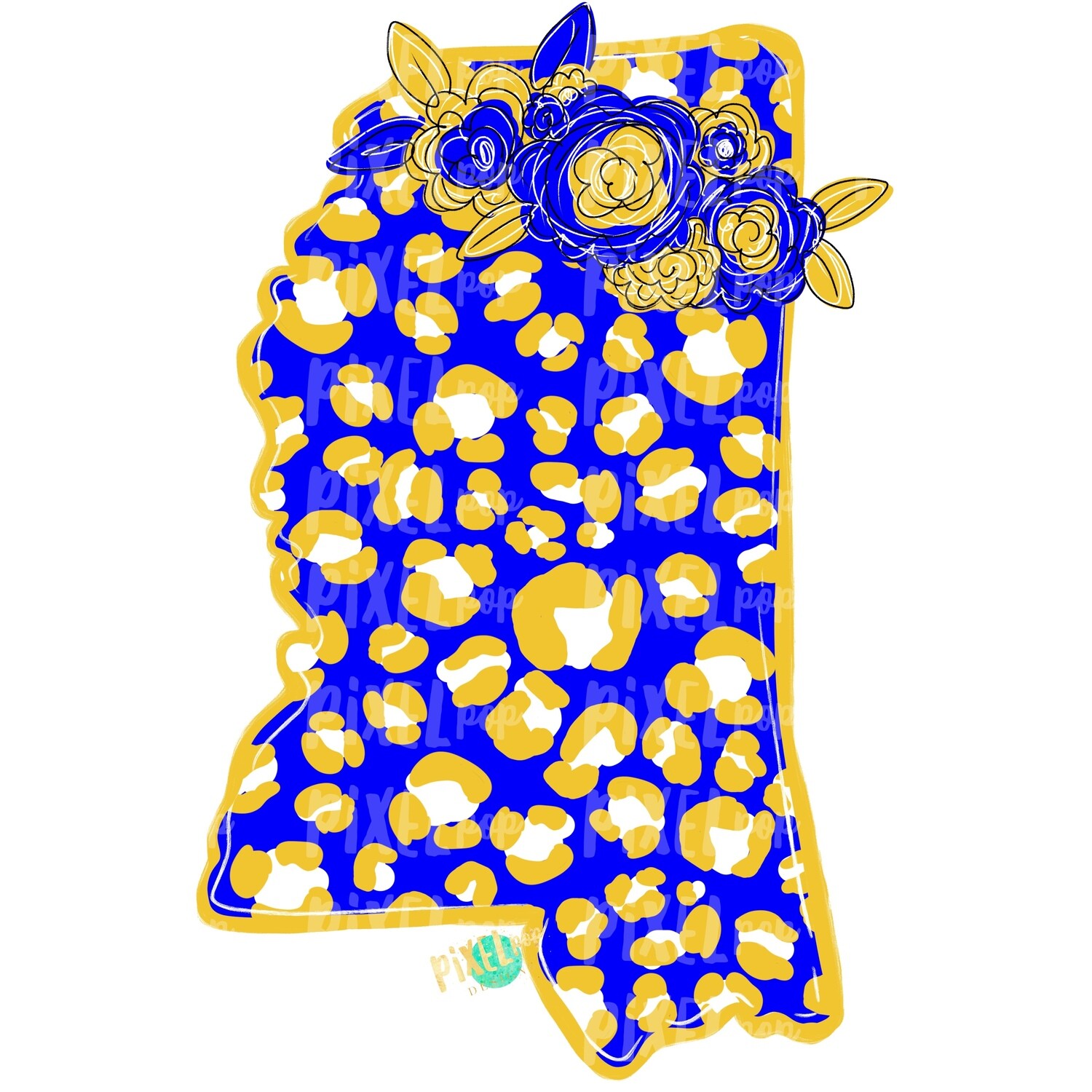 State of Mississippi Shape Blue and Yellow Leopard Flowers Sublimation | PNG Design | Heat Transfer | Digital Print | Clip Art