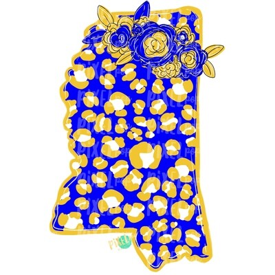 State of Mississippi Shape Blue and Yellow Leopard Flowers Sublimation | PNG Design | Heat Transfer | Digital Print | Clip Art