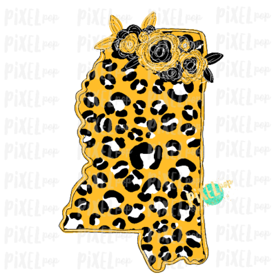 State of Mississippi Shape Black Gold Leopard Flowers Digital Art PNG | Sublimation Design | Heat Transfer | Digital Print | Clip Art